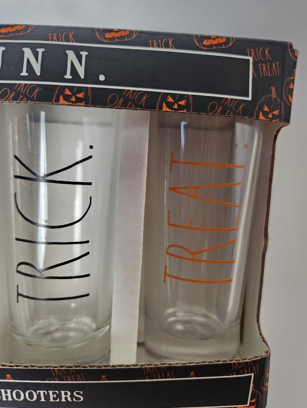 Rae Dunn Clear Shooter Glasses with Black and Orange Lettering - Set of 4 - Picture 7 of 8